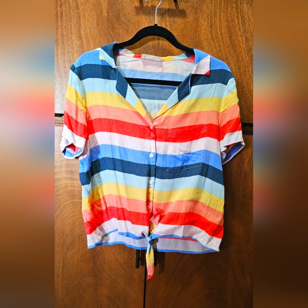 Striped Crop Top Button Down | front Tie | Rainbow